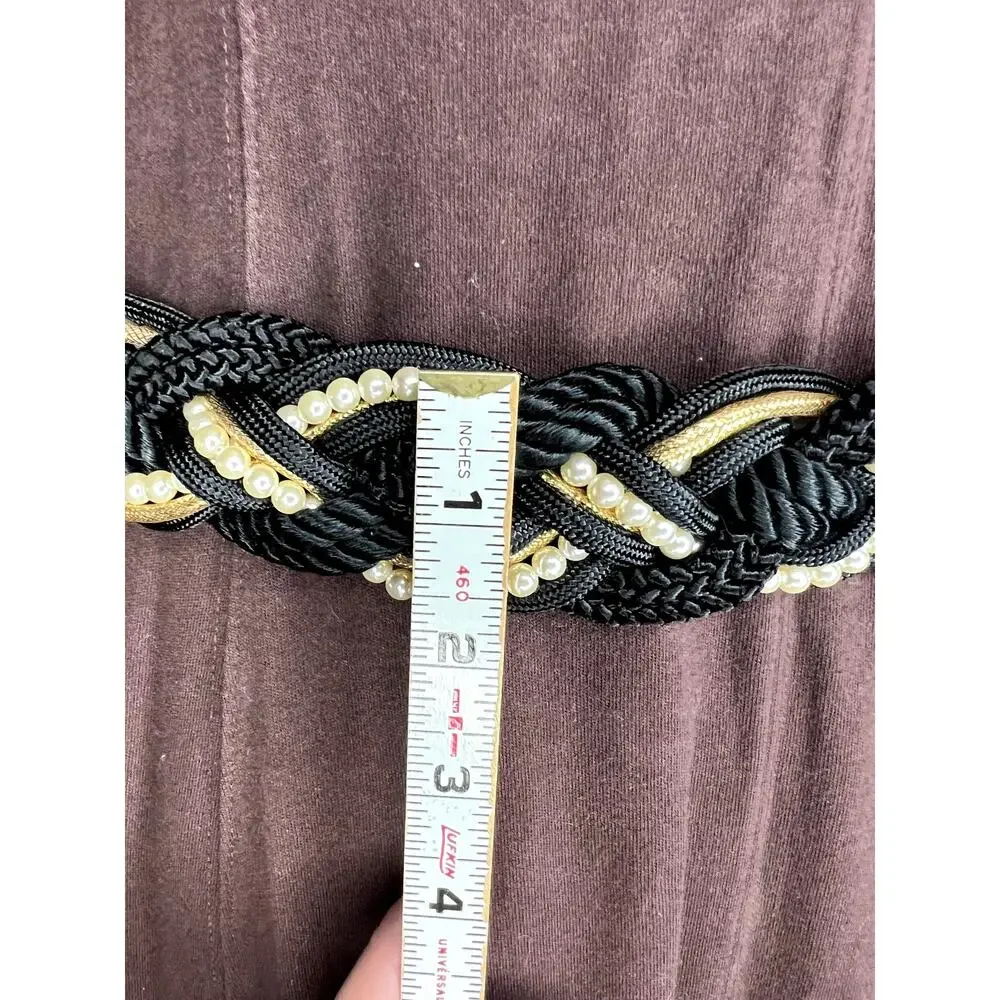 rope chord belt black gold faux pearls boho vintage 1980s